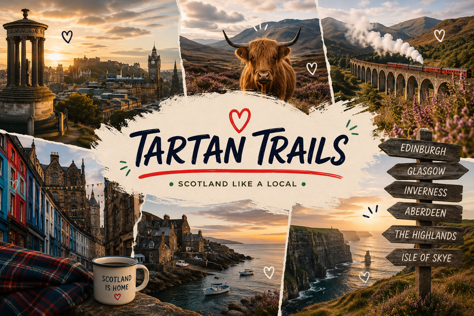 Collage of scenic views from Scotland, featuring cityscapes, a Highland cow, coastal cliffs, a train route, and a signpost listing Scottish locations, with text 'Tartan Trails - Scotland Like a Local' and a mug that says 'Scotland is Home'.