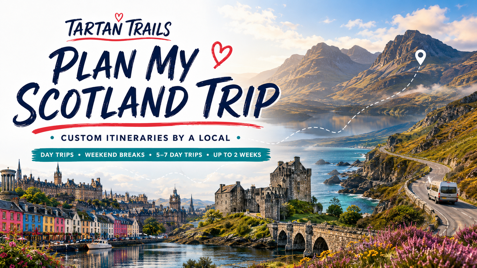 Scenic view of a coastal road winding through mountains with a ferryboat in the water, colorful buildings along a harbor, and a castle on a hill, with promotional text overlay for a Scotland trip planning service.