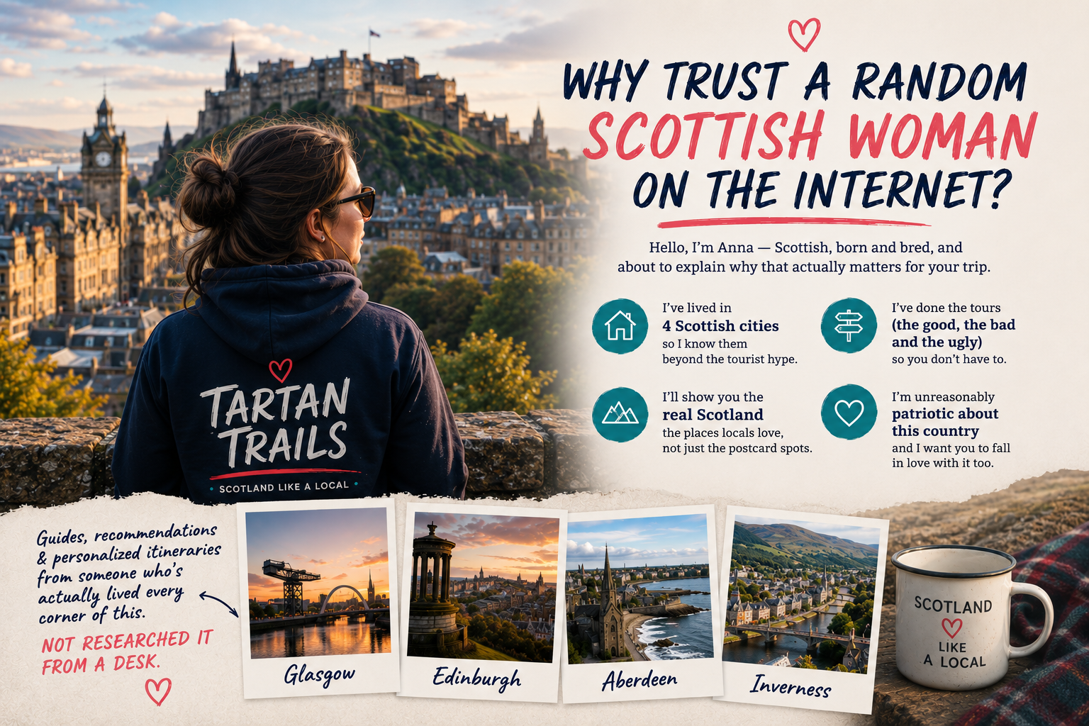 Illustration of Anna, standing in front of Edinburgh Castle with Edinburgh's colourful skyline in the background, representing her local Scotland travel guides, personalised itineraries, and insider recommendations for exploring Scotland.