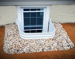 A window installation surrounded by a white window well with rocks and dirt outside.