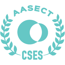 Logo for the AASECT CSES showing a stylized crescent moon with a circular cutout, surrounded by a laurel wreath, with the text 'AASECT' at the top and 'CSES' at the bottom.