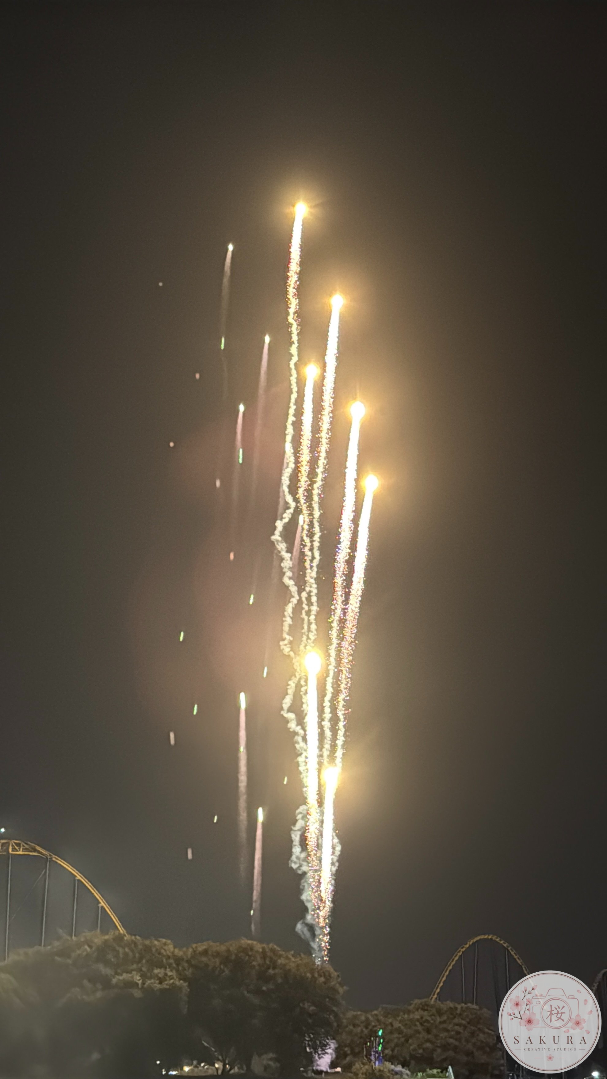 Nighttime fireworks display with streaks of yellow and white lights shooting into the sky, some sparks illuminating the dark sky and trees below.