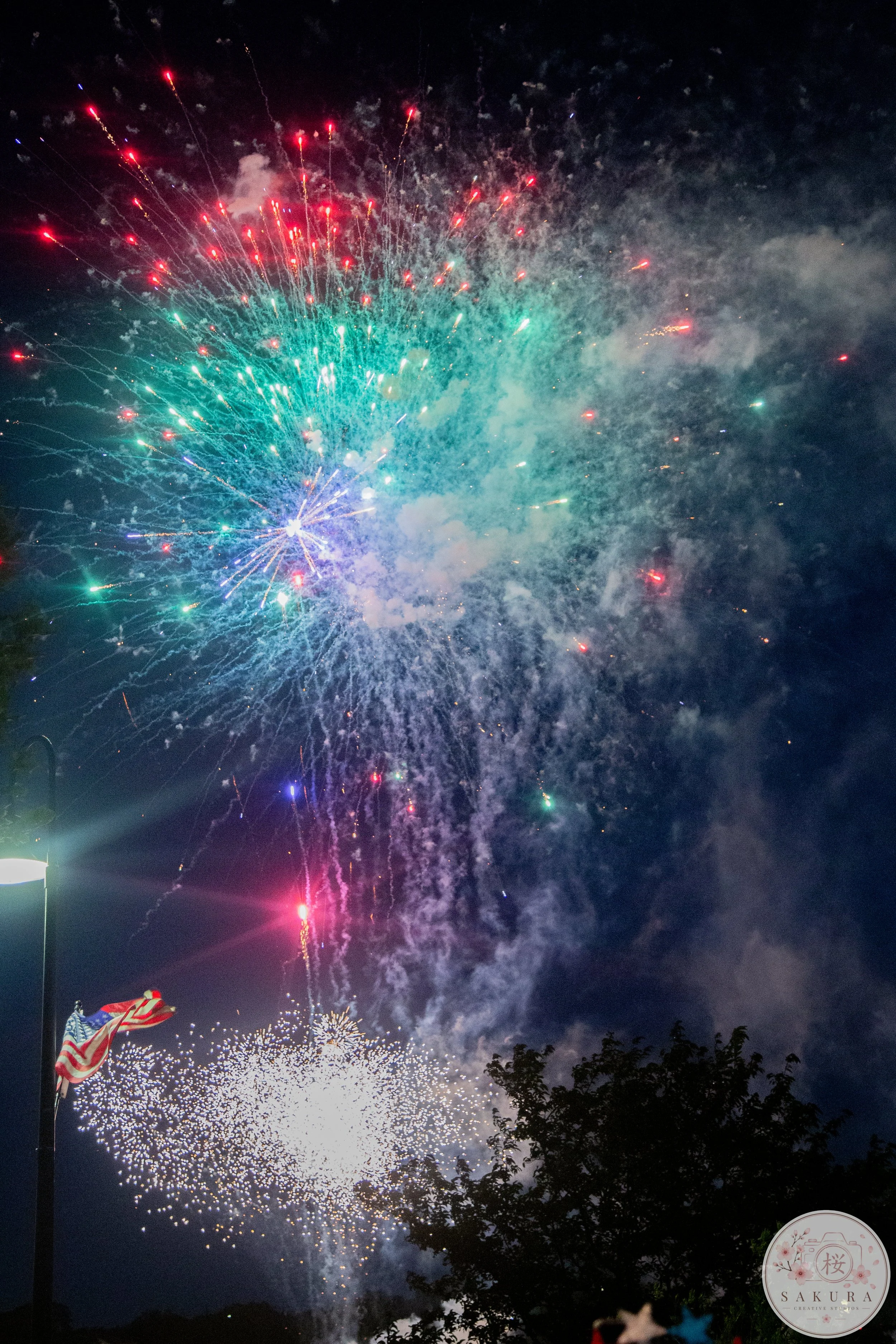 Night sky with colorful fireworks, including red, green, and purple bursts, illuminating the darkness. There is an American flag in the lower left corner and silhouettes of trees in the bottom right corner.