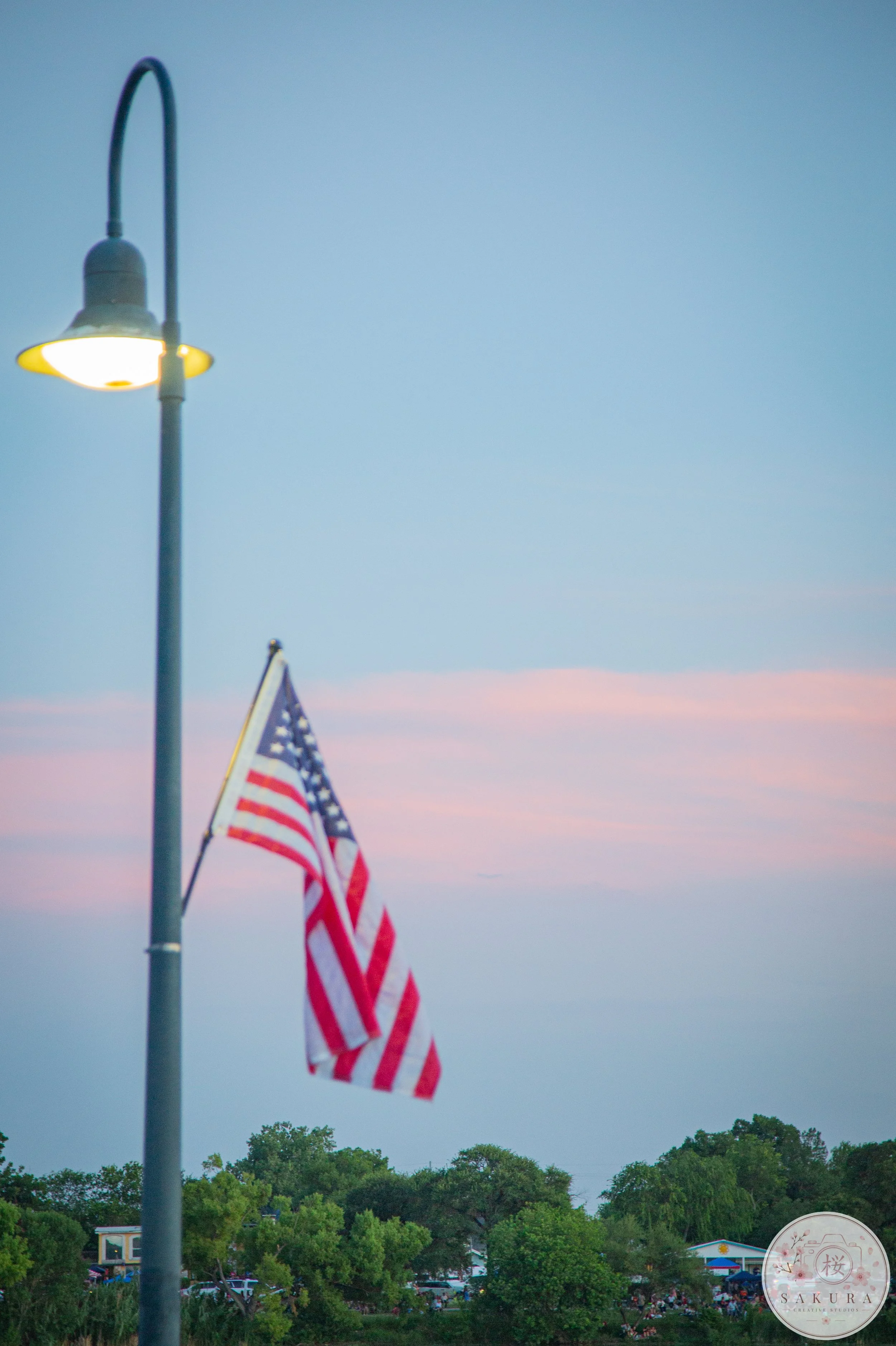 An American flag on a pole with a lamp post nearby, standing in front of a park or crowd area with trees and people at dusk or evening.