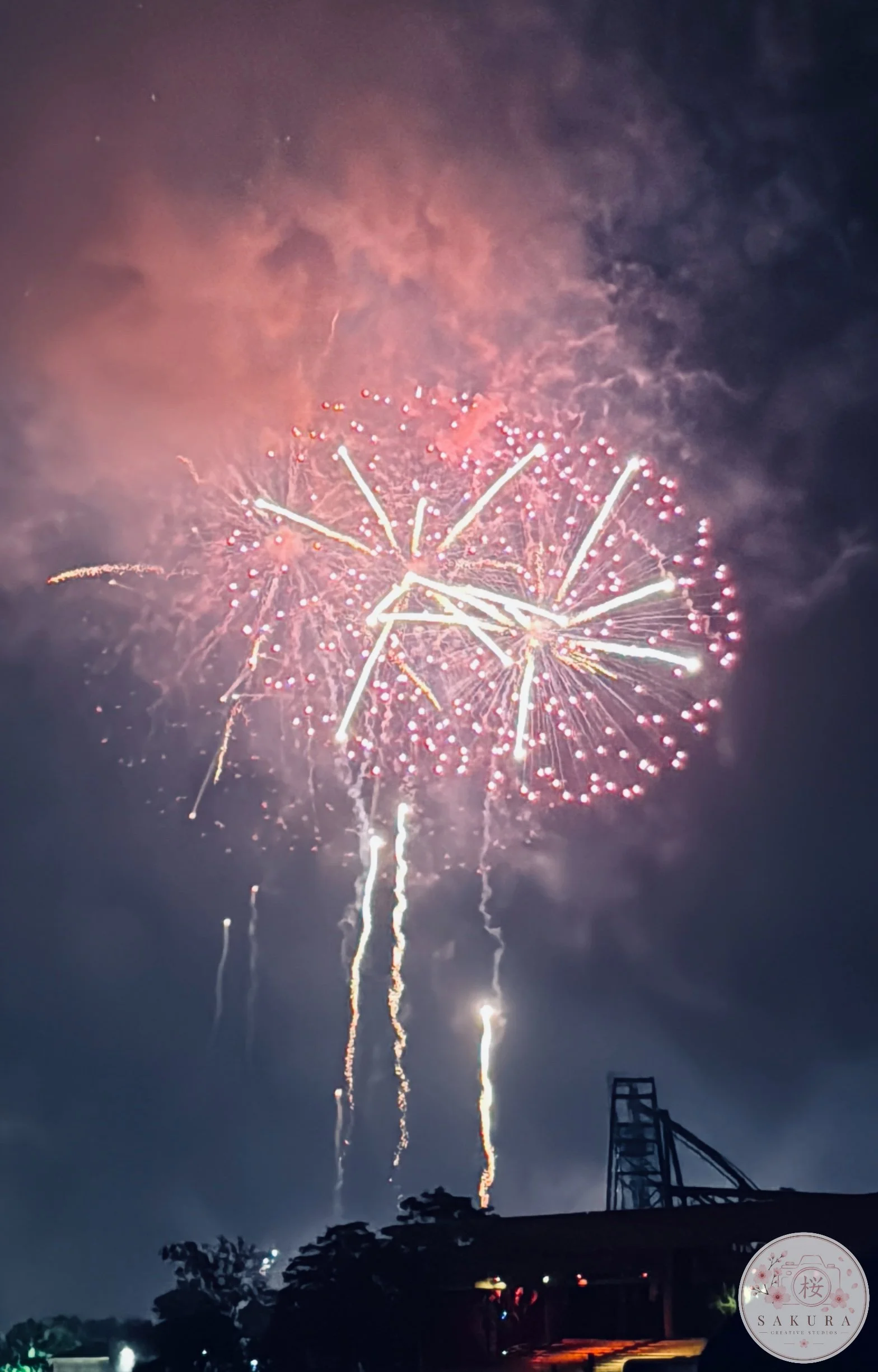 Fireworks exploding in the night sky with bright colors and trails, with silhouettes of trees and a structure in the foreground.