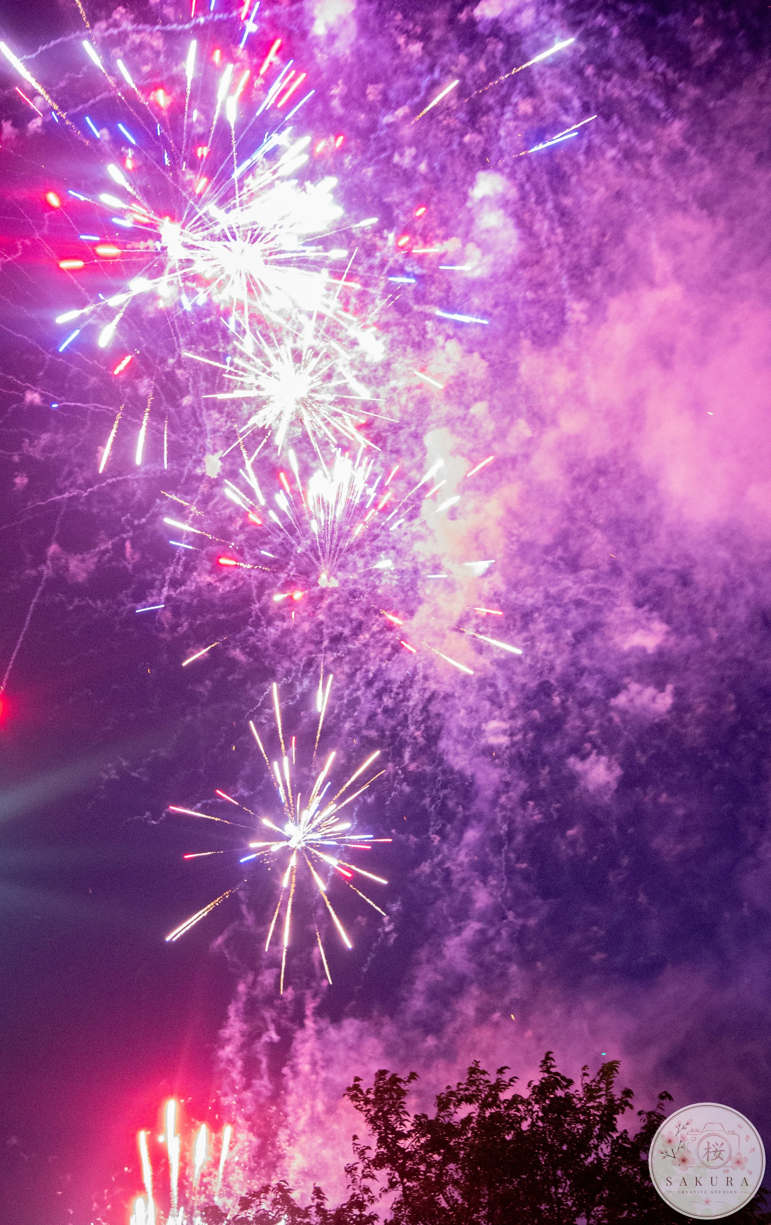 Colorful fireworks exploding in a purple sky above trees, with pink and blue streaks and trails of light.