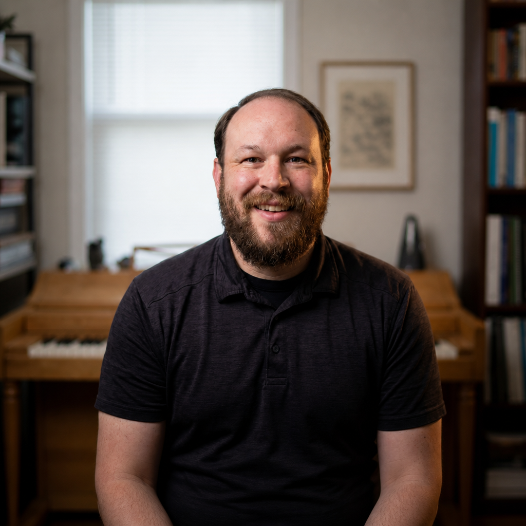 A man with a beard and short hair smiling while sitting in a room with bookshelves and a piano in the background.