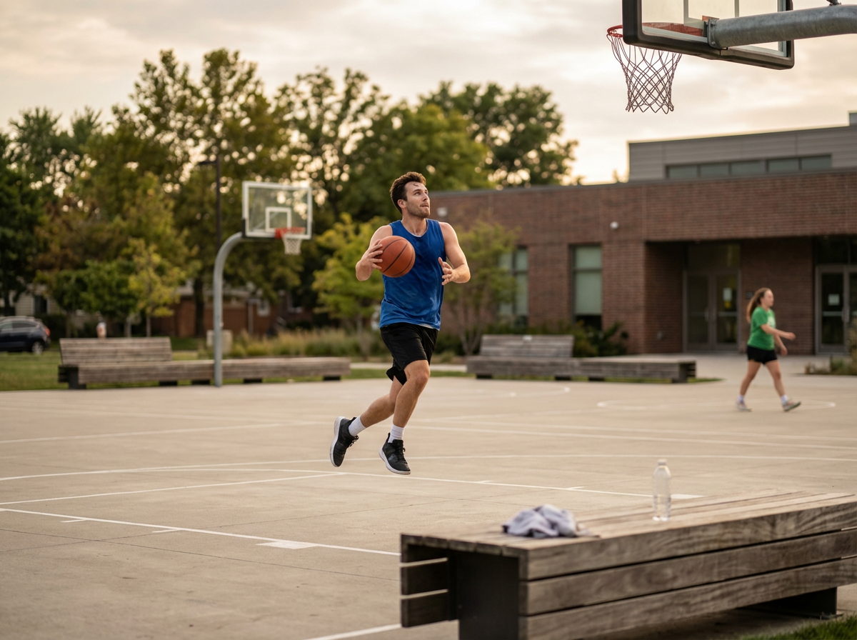 A young man in a blue tank top and shorts playing basketball on an outdoor court, jumping to shoot or pass a basketball, with a young girl in a green shirt walking in the background.