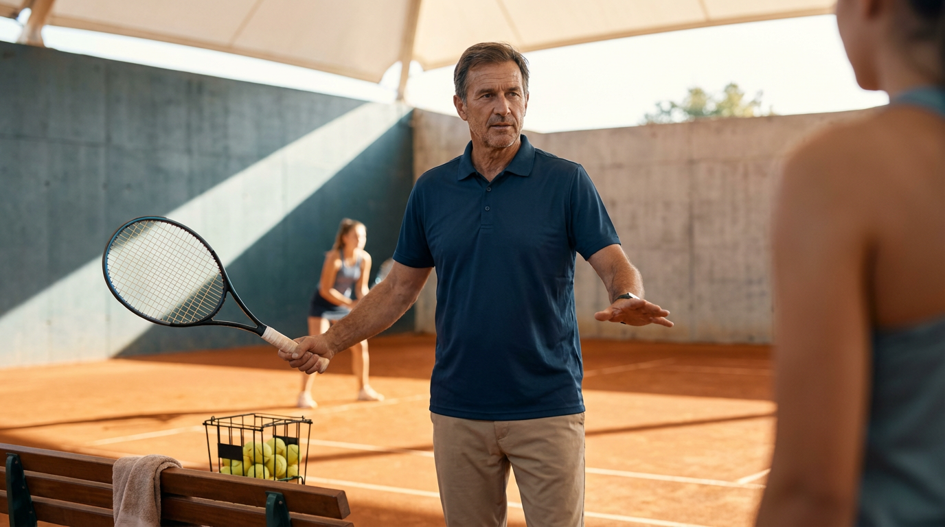 A tennis coach giving instructions to a female tennis player during a practice session on an outdoor clay tennis court.
