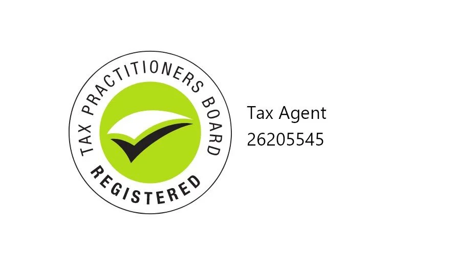 Logo of the Tax Practitioners Board with a green circle, white checkmark, and black text indicating registration and a tax agent number.
