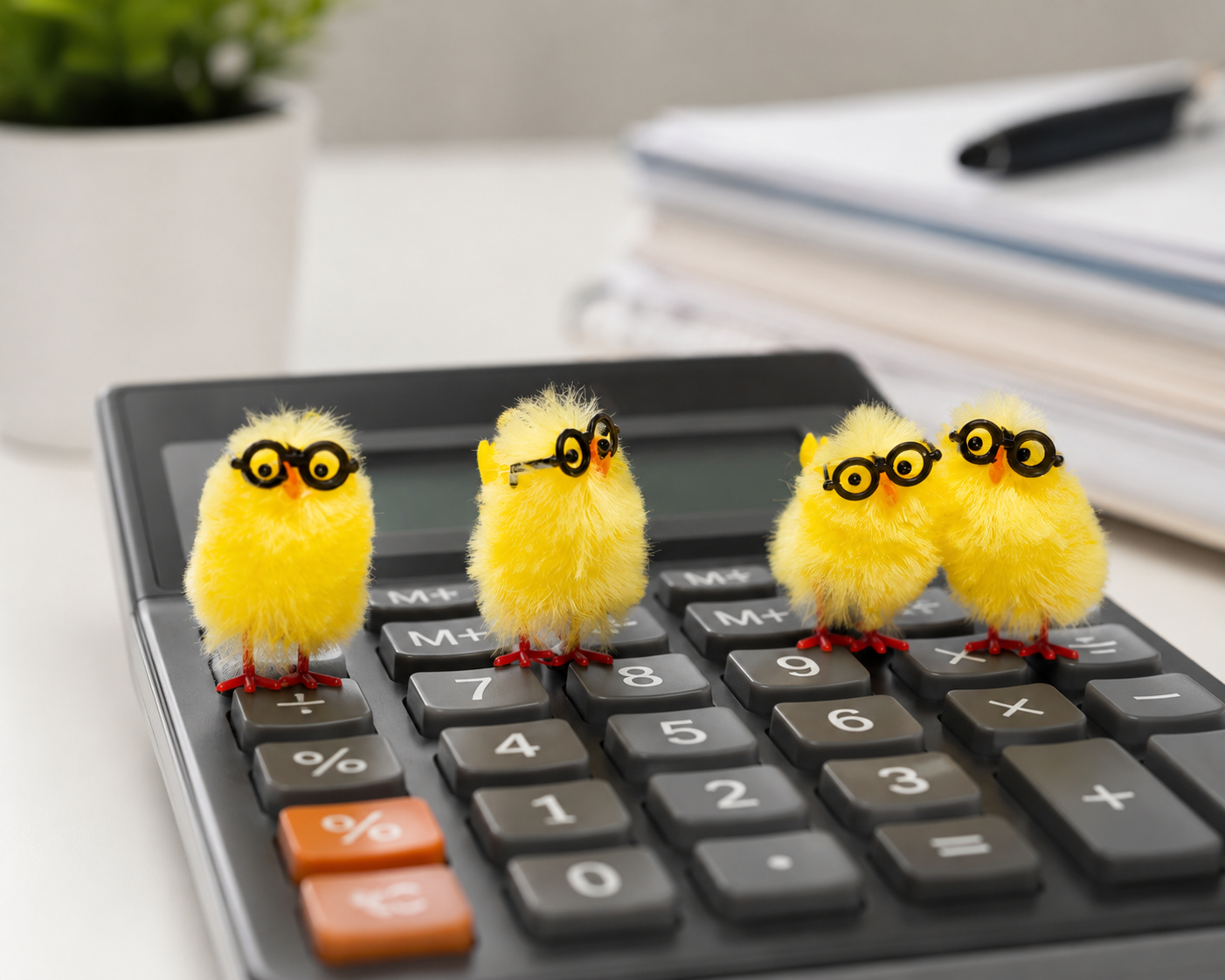 Four small yellow plush chicks with black glasses and orange beaks standing on a calculator. In the background, there are stacked papers, a pen, and a potted plant.