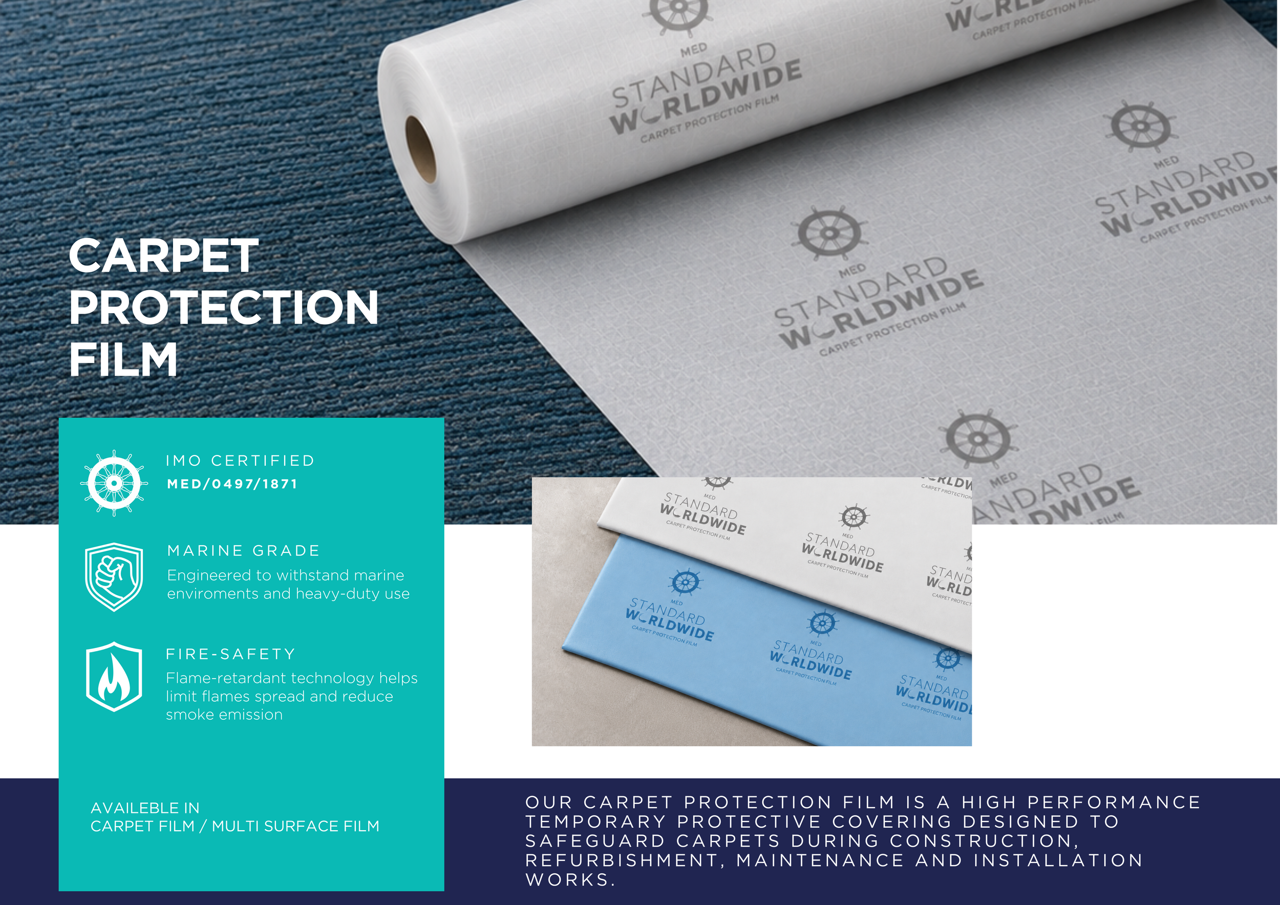 A roll of carpet protection film with printed text and symbols, partially unrolled on a textured surface, alongside informational sections highlighting product features such as marine grade and fire safety.