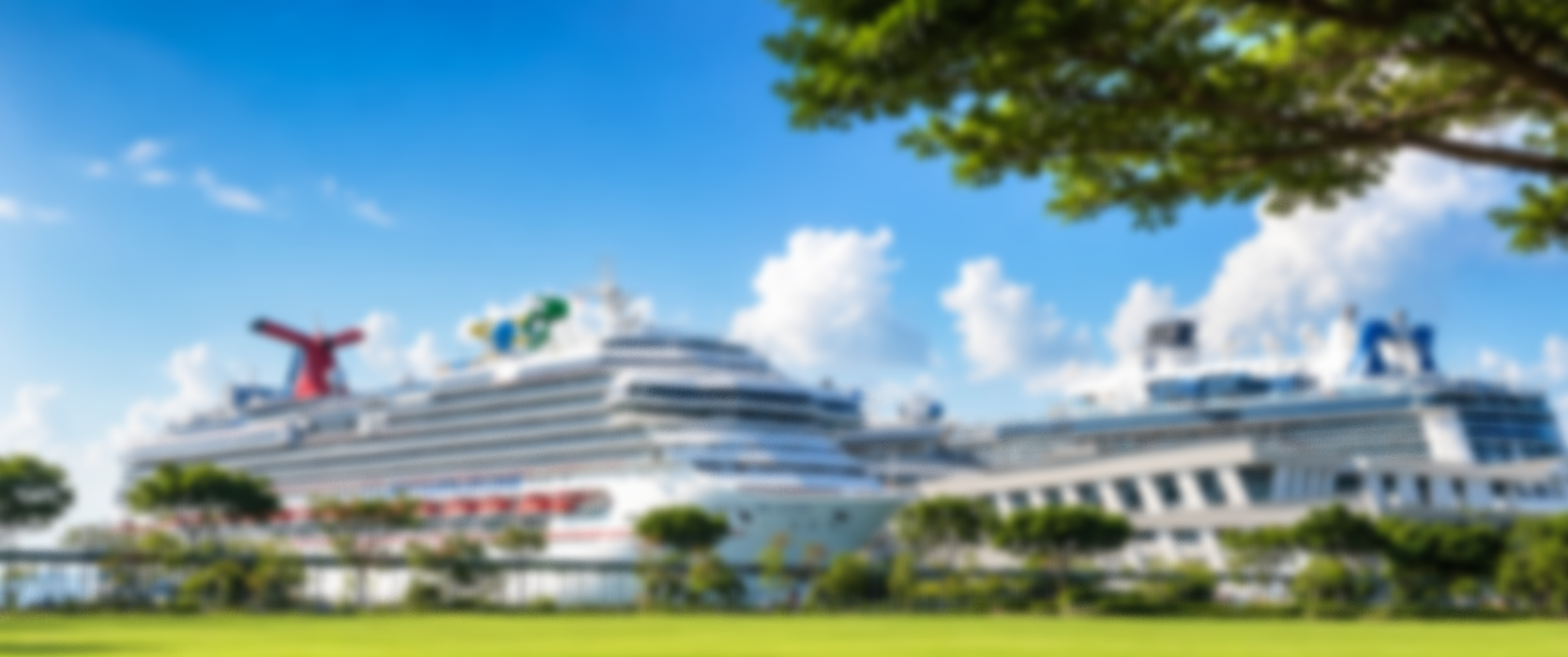 Blurred view of two large cruise ships docked at a port, with green grass and trees in the foreground and a blue sky with clouds above.