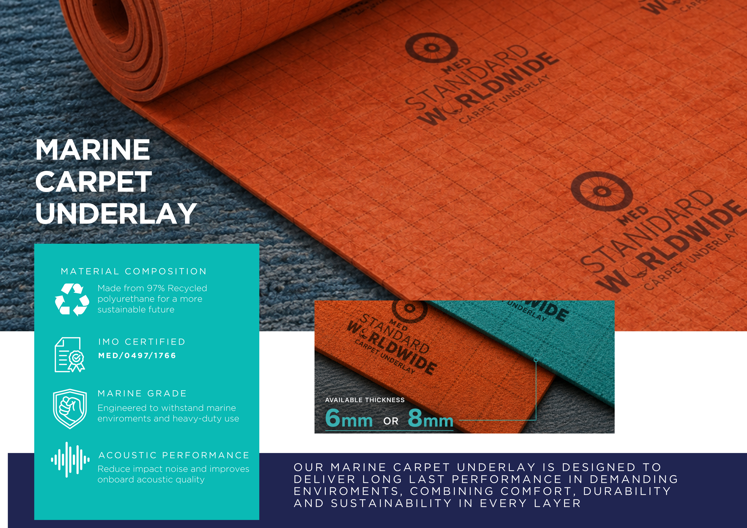 Close-up of rolled and laid marine carpet underlay in orange and blue colors, showing product specifications and features on the packaging, including material composition, certification, grade, and thickness options.