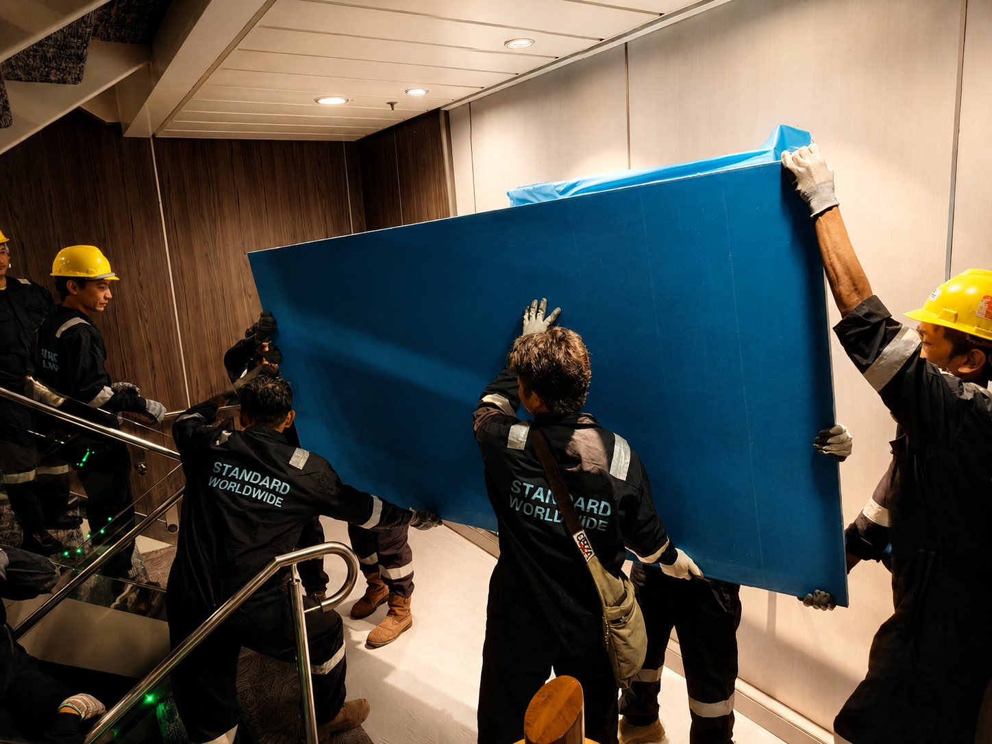 Team of workers installing a large blue panel on a wall in an indoor setting, with one person on a staircase and others supporting the panel.