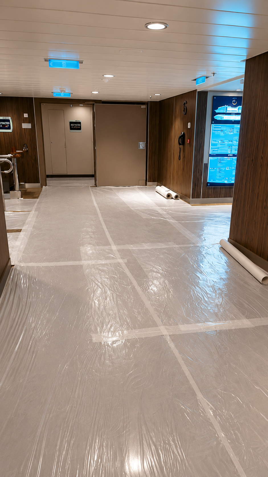 Unfinished hallway with protective plastic on the floor, wooden walls, digital signage, and ceiling lights.