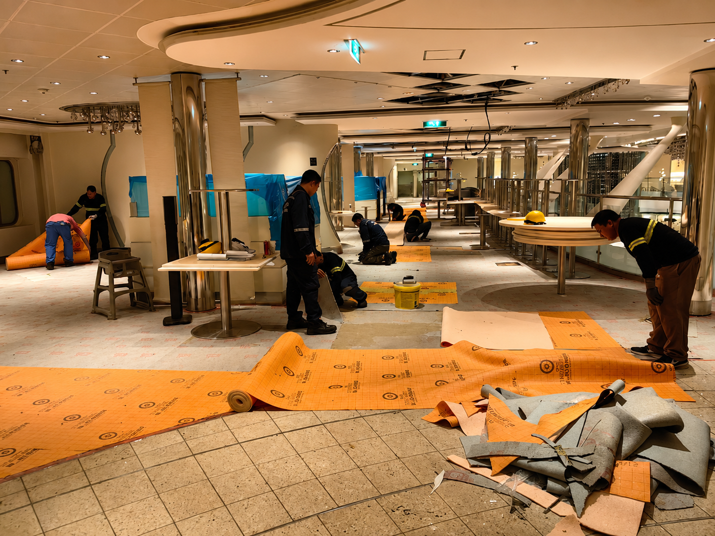 Workers installing or repairing flooring in a commercial space, with orange underlayment roll and tools on the floor, some workers kneeling and others bending over, surrounded by construction materials and equipment.