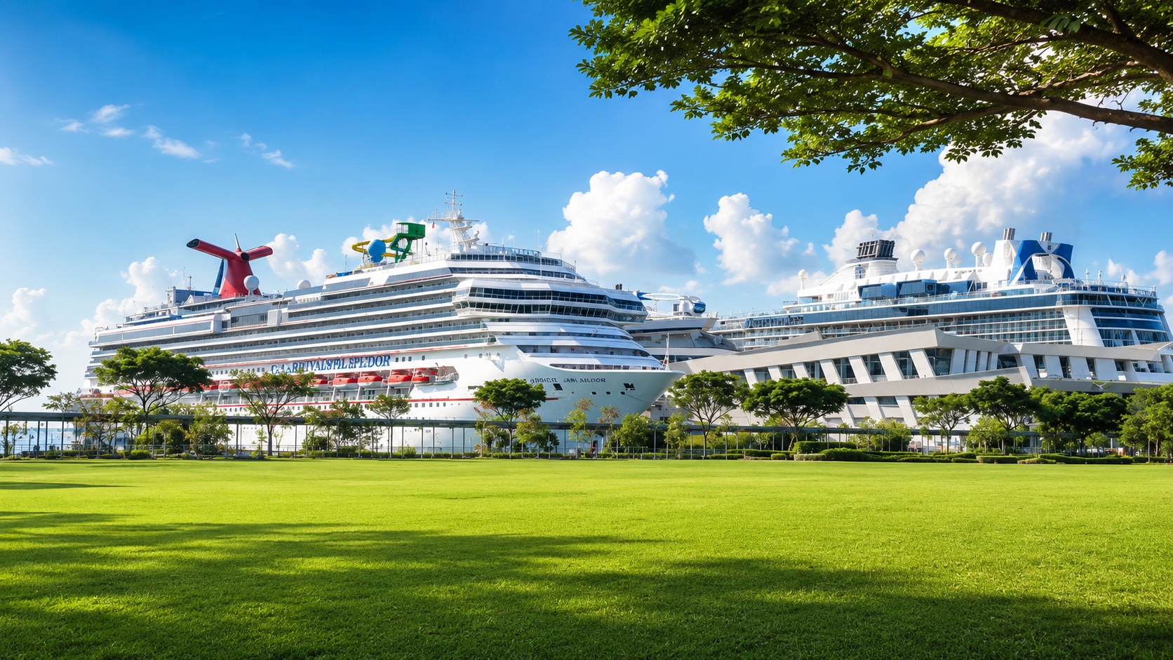 Two large cruise ships docked at a port with a grassy park area in the foreground, trees lining the area, and a partly cloudy blue sky above.