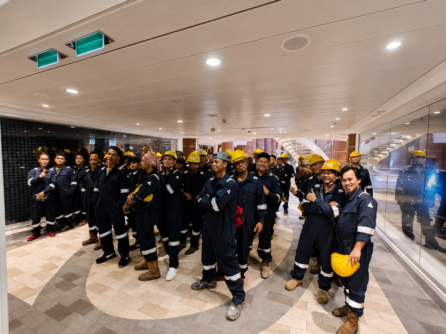 Group of construction workers in navy blue uniforms with reflective stripes, some wearing yellow helmets, standing inside a building with a modern interior, white ceiling with recessed lighting, and stairs in the background.