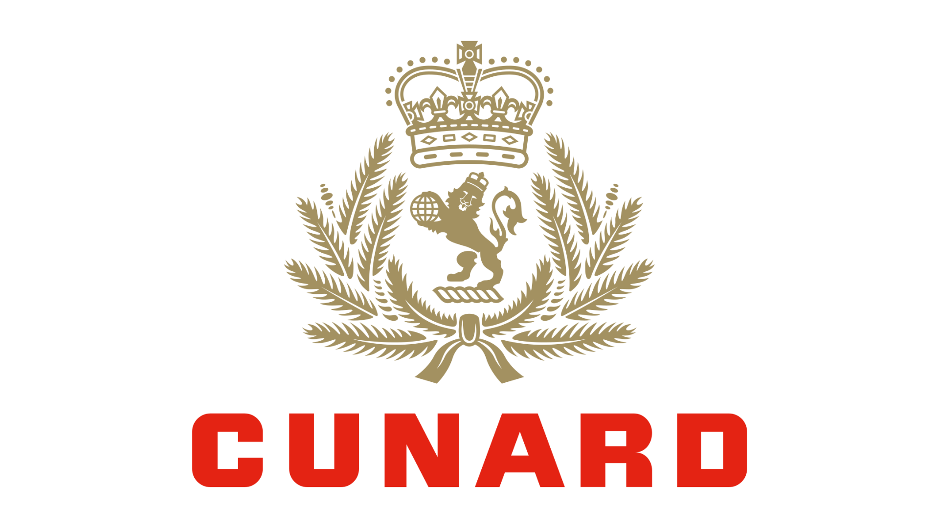 The logo of Cunard features a gold crown above a shield that contains a lion holding a globe. The shield is encircled by gold laurel branches tied with a ribbon at the bottom. The word "CUNARD" is written in bold red letters below the logo.