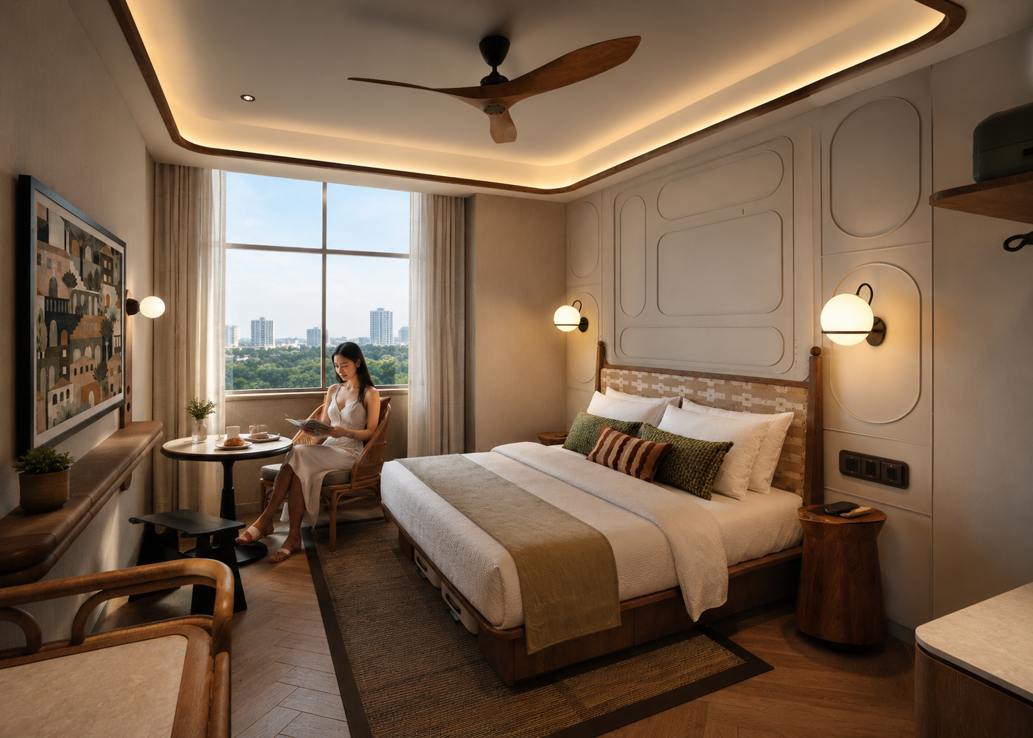 A woman sitting by a window reading a book in a modern hotel room with a large bed, wall lamps, and scenic city view.