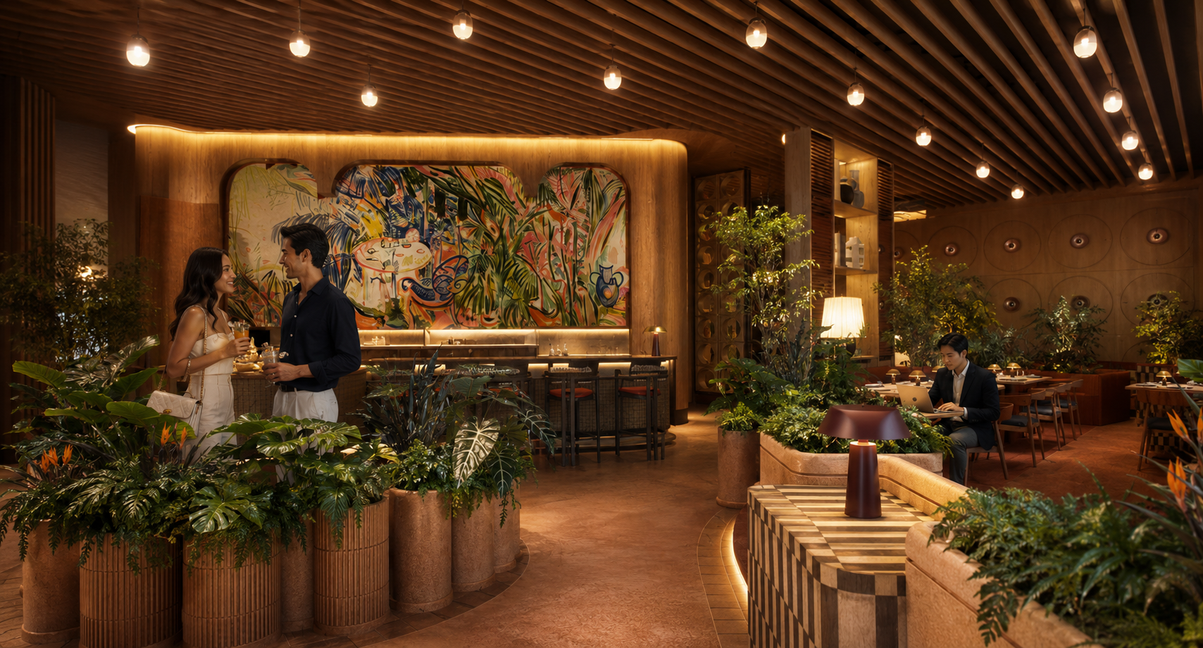 A cozy restaurant interior with tropical plants, warm lighting, and modern decor. Two people are chatting at the bar, and a woman is working on a laptop at a nearby table.