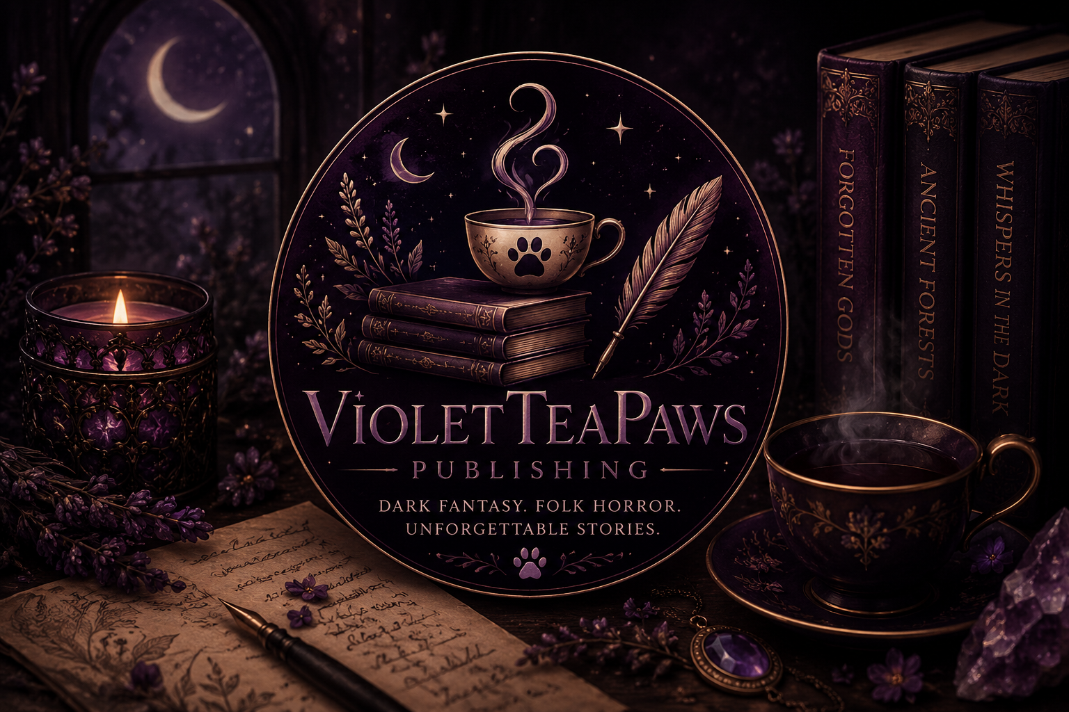 Dark fantasy-themed cover for Violet Tea Paws Publishing, featuring a cup of tea with steam and a paw print, stacks of books, a quill, purple flowers, candles, and a scroll with handwritten text.