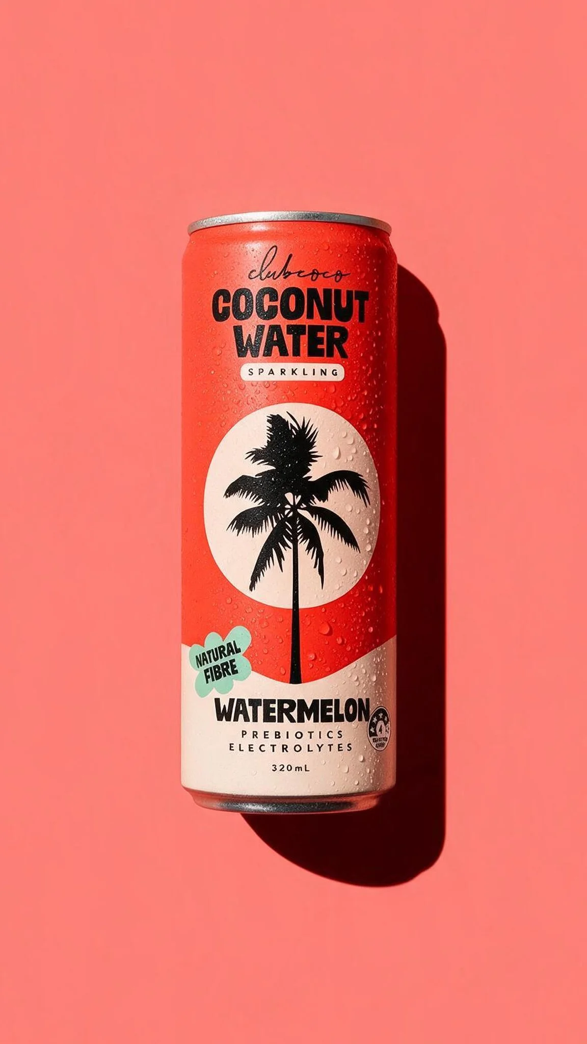 A can of club coco sparkling coconut water with watermelon juice on a pink background, showing a black palm tree illustration and water droplets on the label.