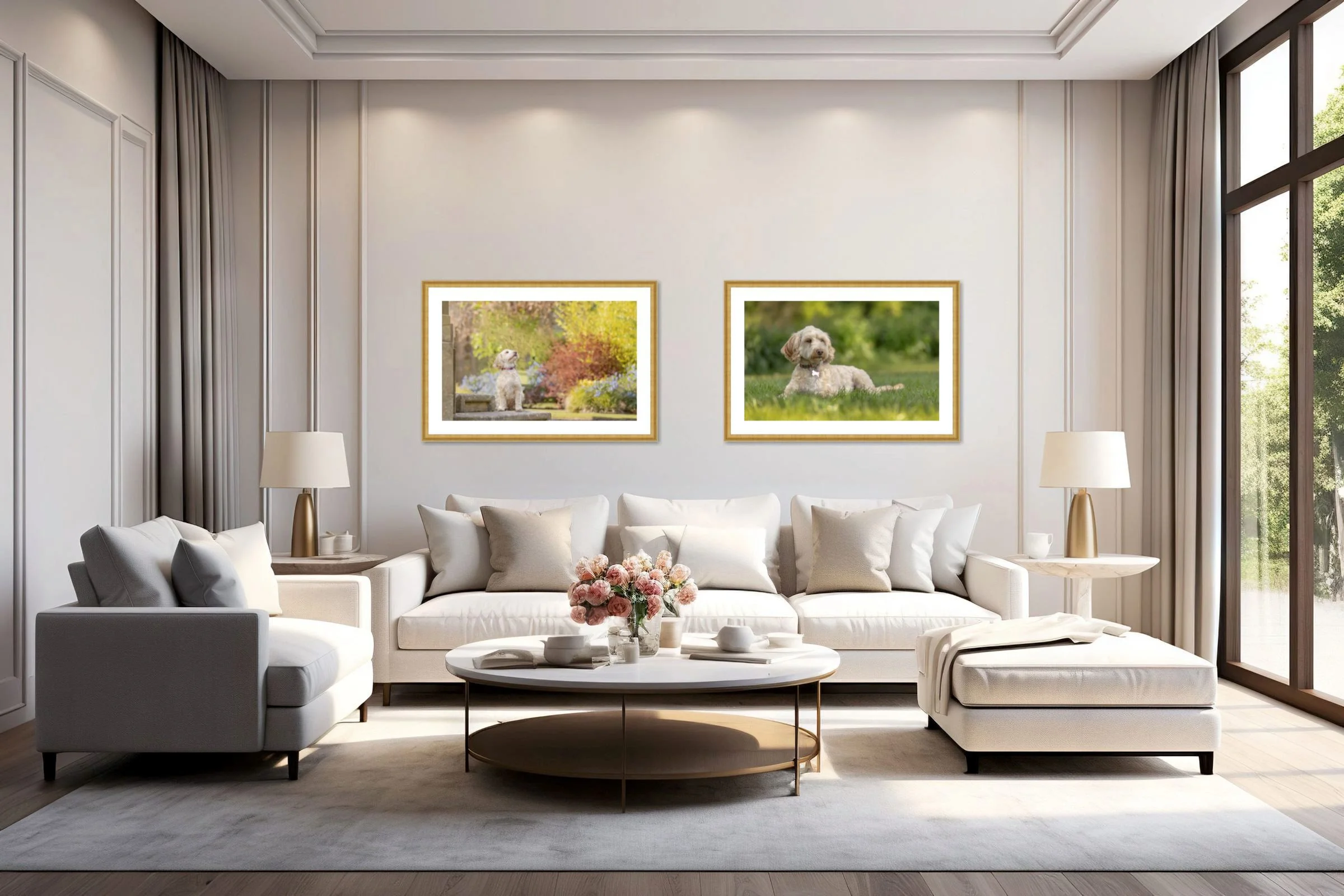 Living room with white sofa, armchair, coffee table with flowers, framed pictures of dogs, and large windows with curtains.