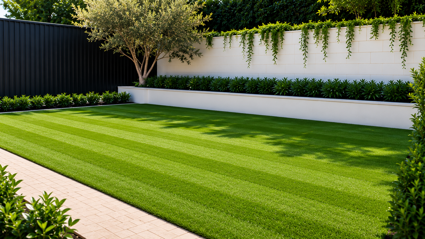 A well-maintained backyard with a striped green lawn, bordered by neatly trimmed bushes, a paved pathway, a white retaining wall with hanging plants, and a small tree. A black fence is visible in the background.