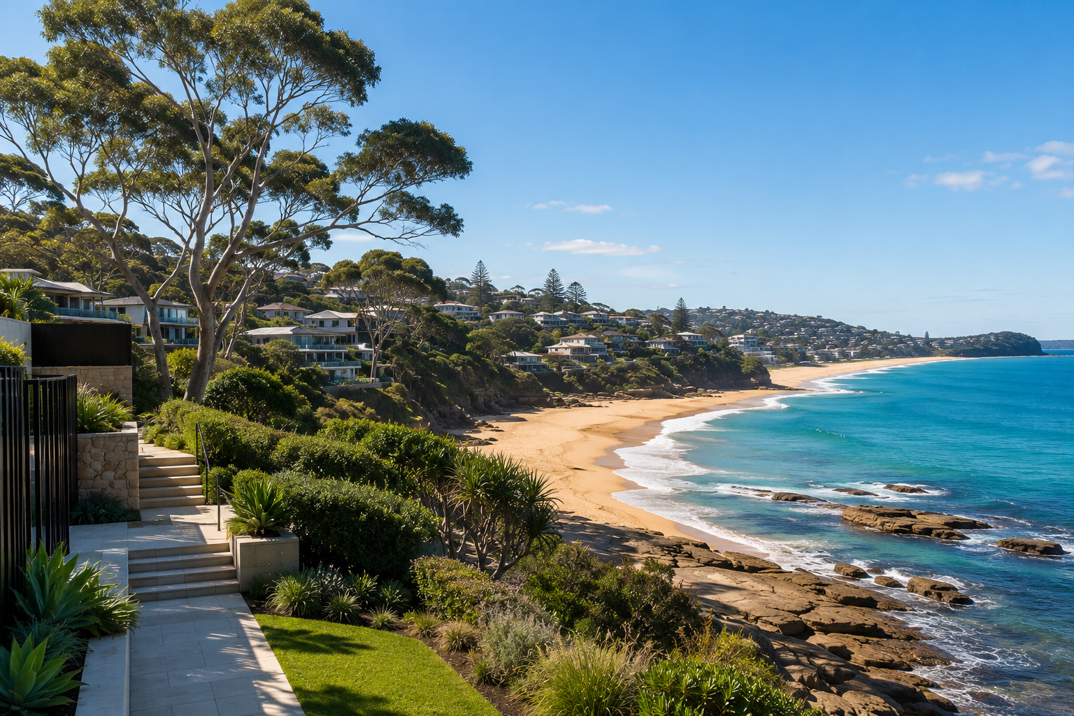 View of a sandy beach with rocks, turquoise water, and houses on a hillside with trees under a blue sky