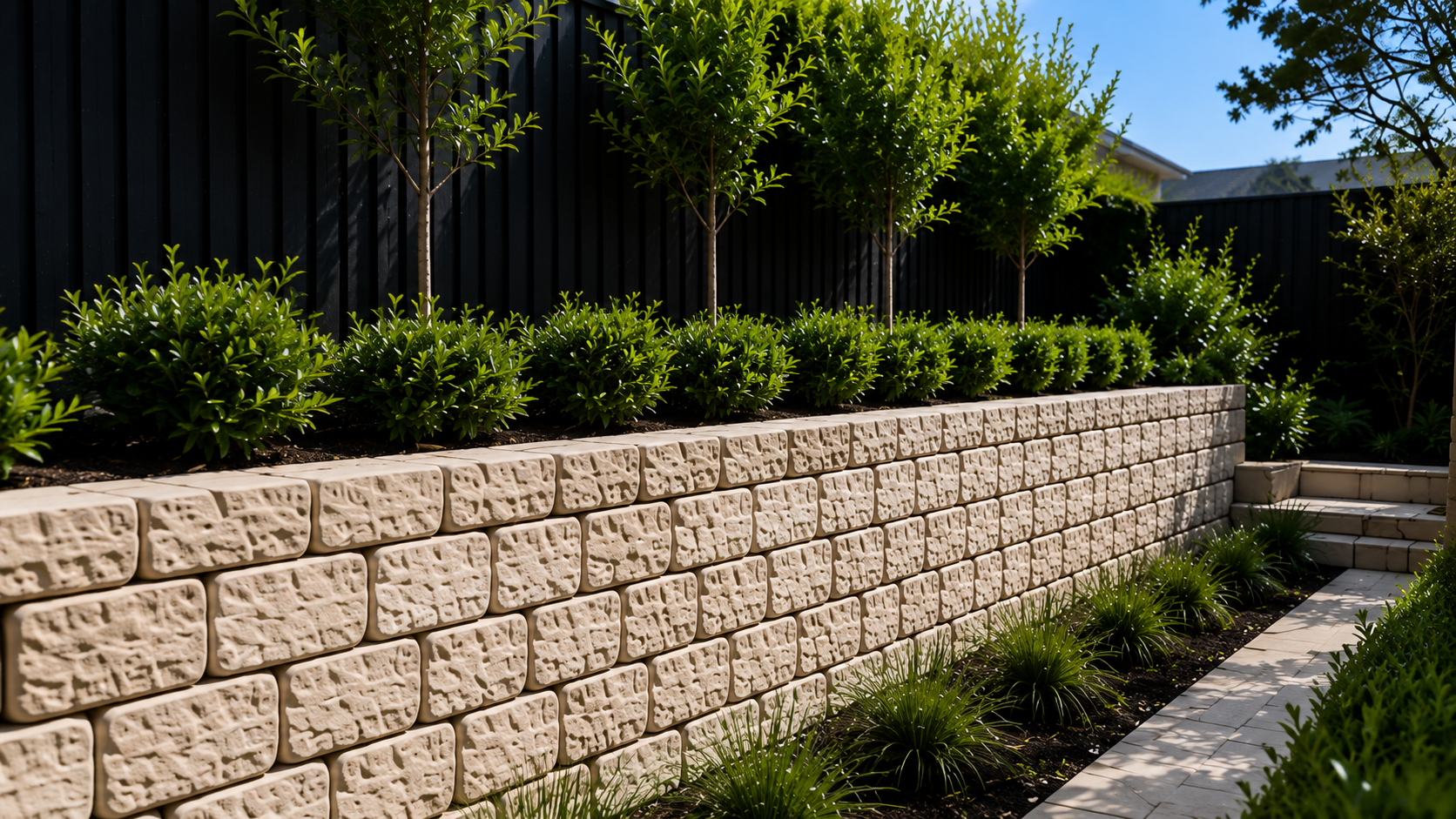 A landscaped backyard with a brick retaining wall, green bushes, small trees, a dark fence, and a paved pathway under bright sunlight.