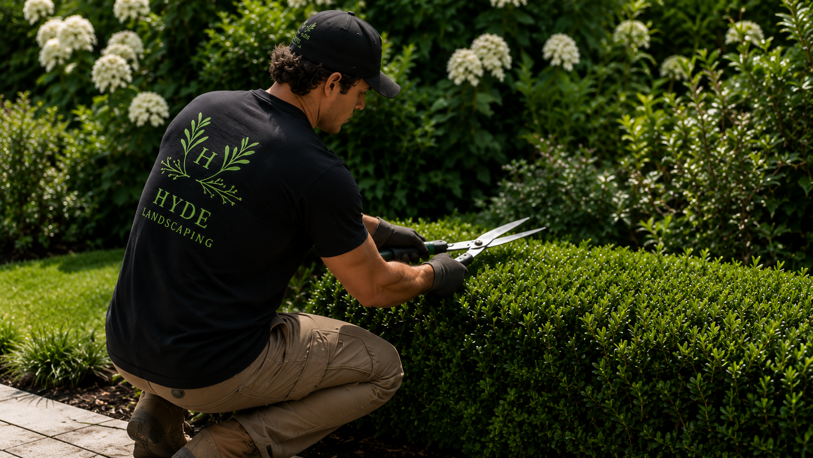 A landscaper kneeling and trimming hedges with scissors in a garden.
