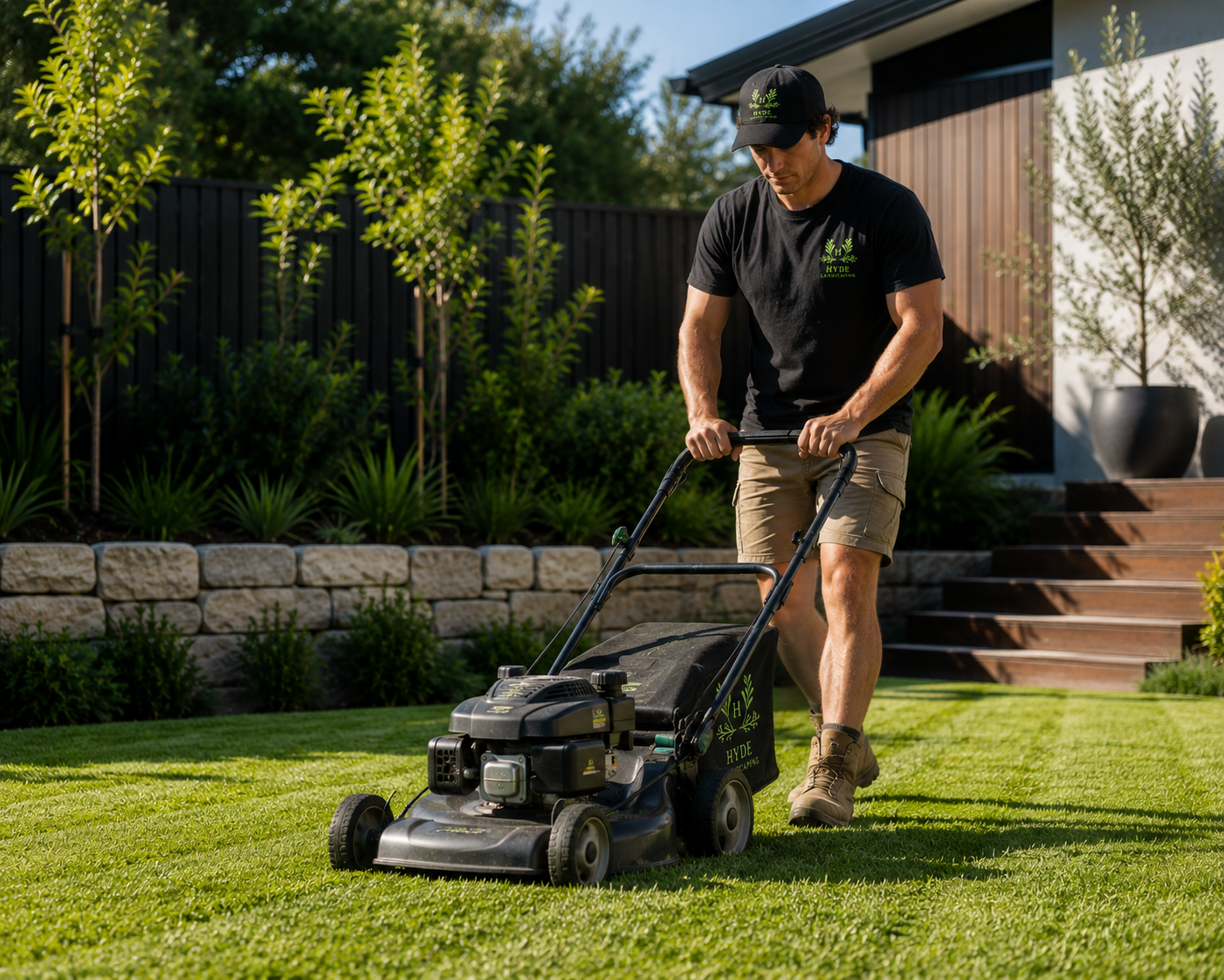 A man mowing a green lawn with a lawnmower in a backyard garden.