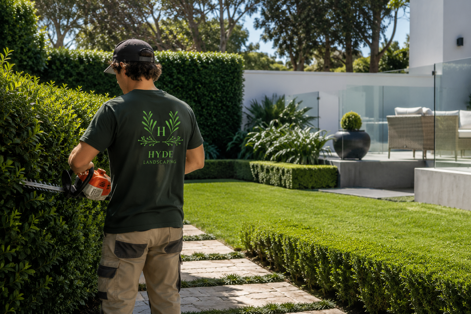 A landscaper trims a hedge with a handheld power trimmer in a well-manicured backyard.