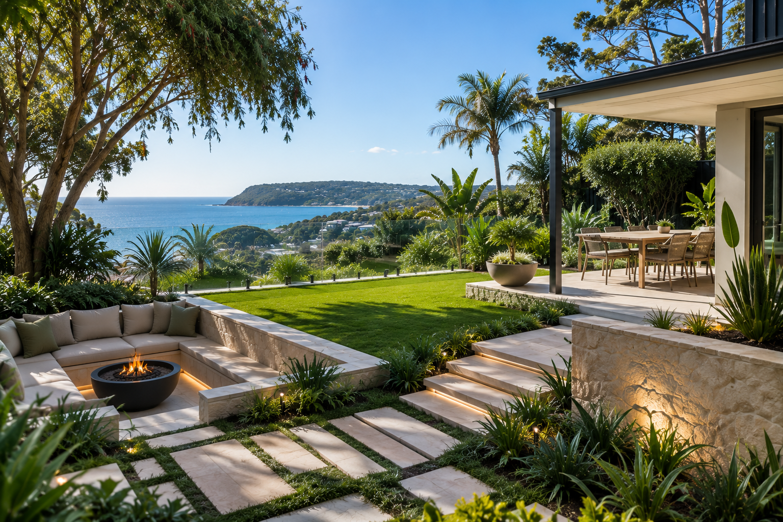 View of a landscaped backyard with a firepit surrounded by beige outdoor sectional sofa, lush greenery, potted plants, and a patio with dining table and chairs overlooking the ocean and distant coastline.