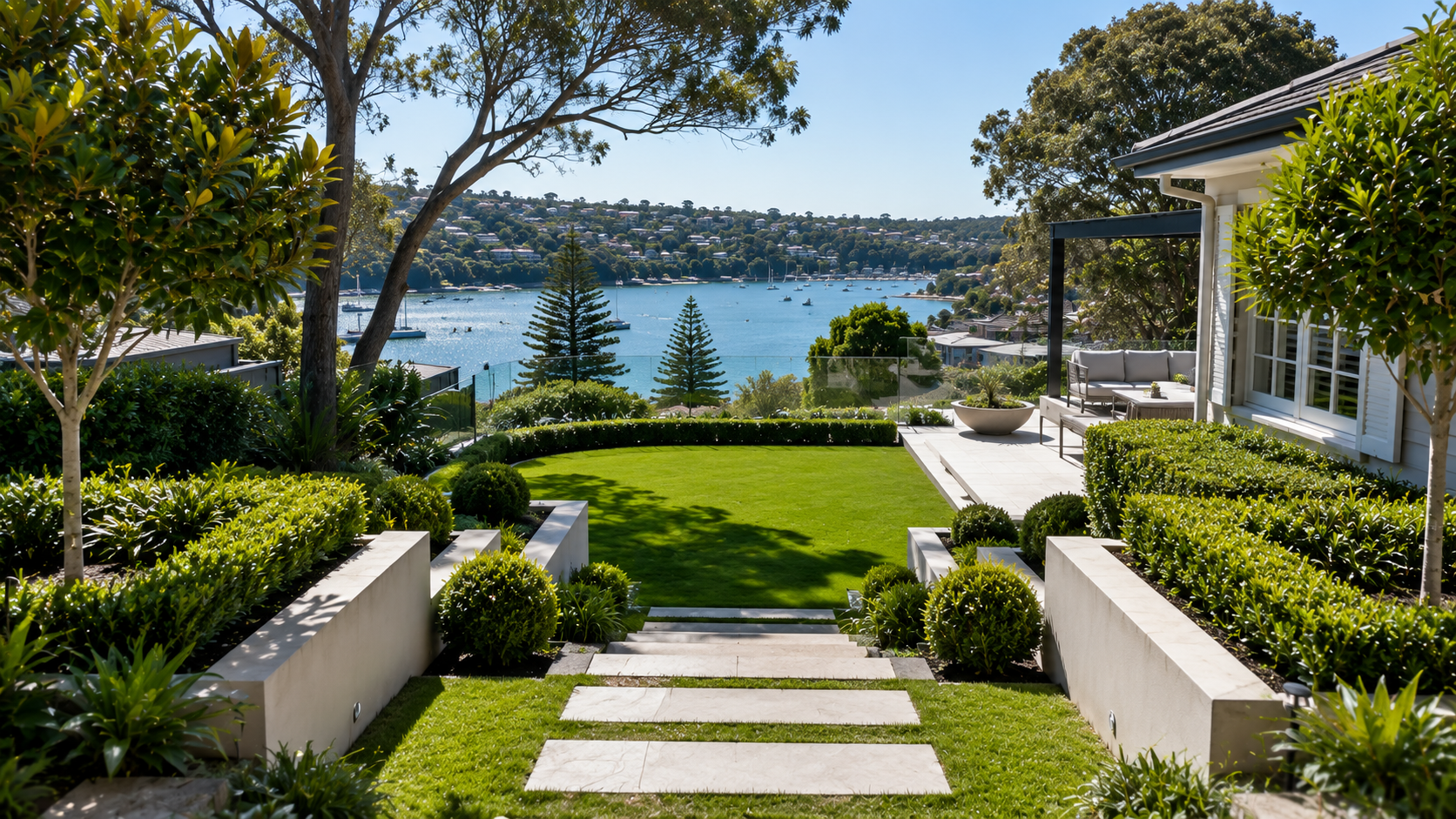 Beautiful landscaped backyard with lush green lawn, garden beds with ornamental shrubs and trees, stone steps leading down to the water, outdoor seating area, and view of a bay with sailboats and a hillside residential area in the background.