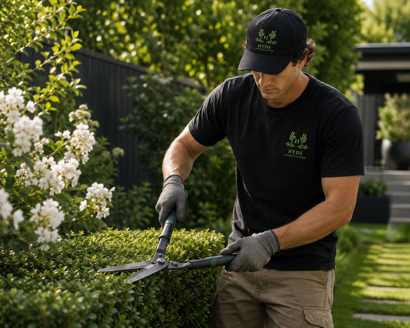 A man trimming a hedge with garden shears in a landscaped backyard, wearing a Hyde Landscaping uniform and gloves.