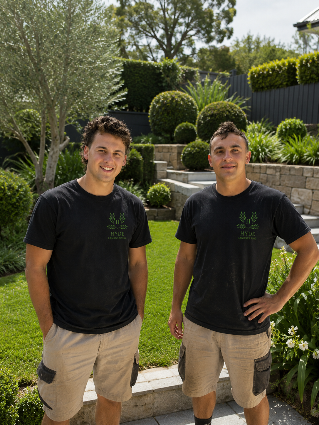 Two men standing outdoors in a backyard garden, smiling. They are wearing black t-shirts with a landscaping company's logo and beige shorts.