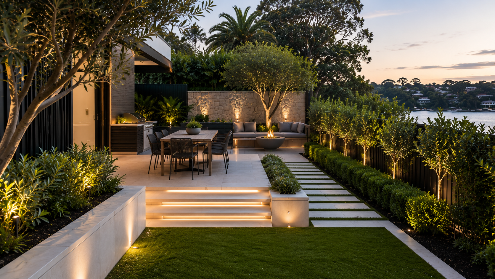 Elegant backyard patio at sunset with outdoor dining table, built-in grill, outdoor fireplace, lush greenery, and landscape lighting, overlooking a body of water with hillside homes in the distance.