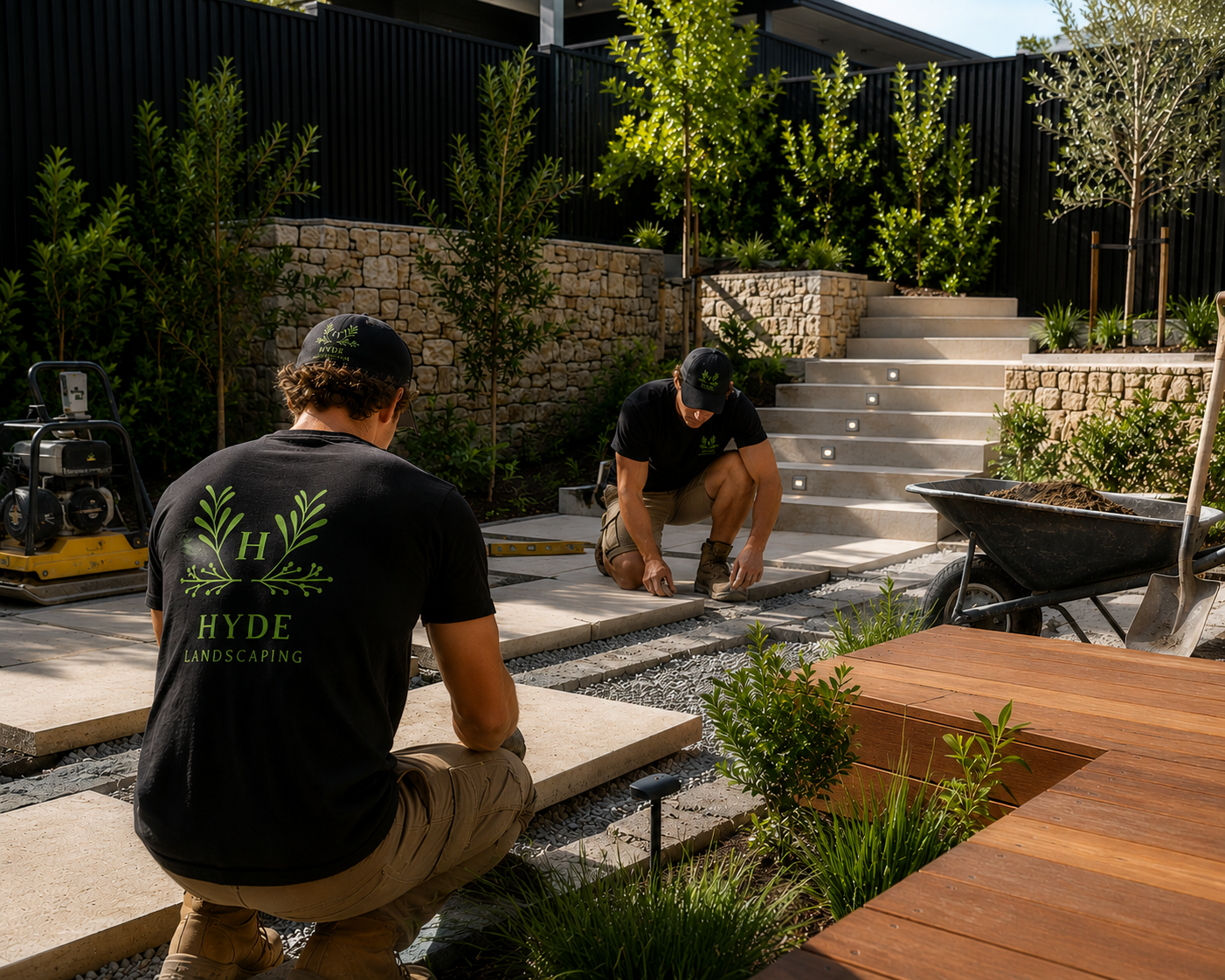 Two workers installing paving stones on a landscaped backyard patio, with stairs and a stone wall in the background, and green shrubs and trees nearby.