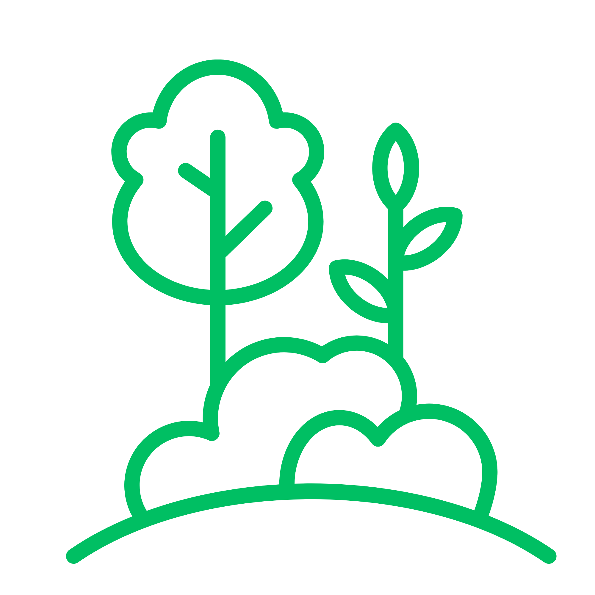 Green outline of a tree, fork, open book, and leaf interconnected in a stylized design