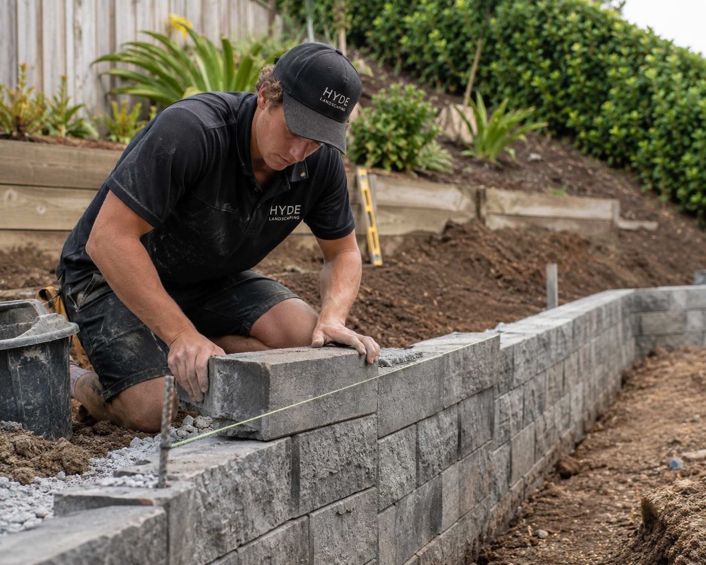 A man kneels on the ground, building a stone retaining wall with gray bricks. He is wearing a black t-shirt, shorts, and a black cap, all branded with 'HYDE Landscaping.' A string line guides the wall construction, and there is a level tool propped against the soil. The background features a garden with plants and a wooden fence.