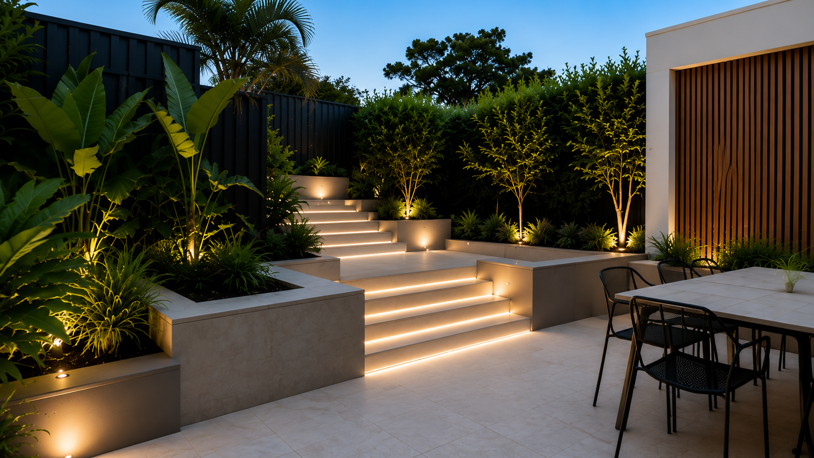 Modern backyard patio during evening with illuminated steps, lush green plants, and outdoor seating area.