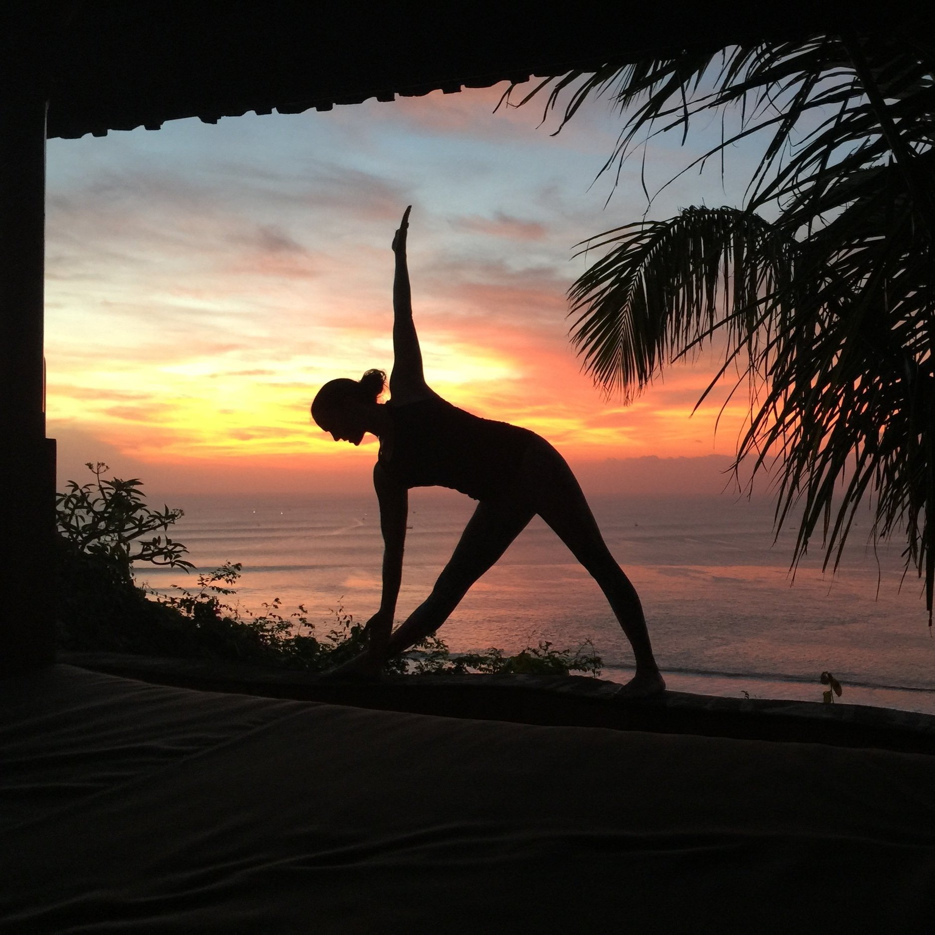 Silhouette of a person practicing yoga in a balancing pose near the beach at sunset, with colorful sky and ocean in the background and palm leaves in the foreground.