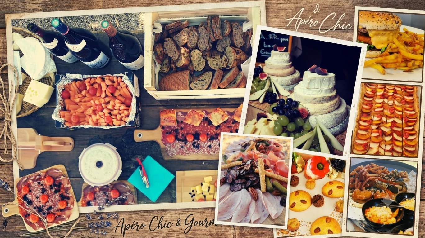 Table avec bouteilles de vin, assiettes de charcuterie, fromages, gâteaux, snacks, et bouchées apéritives, décorée dans un style chic et gourmand.