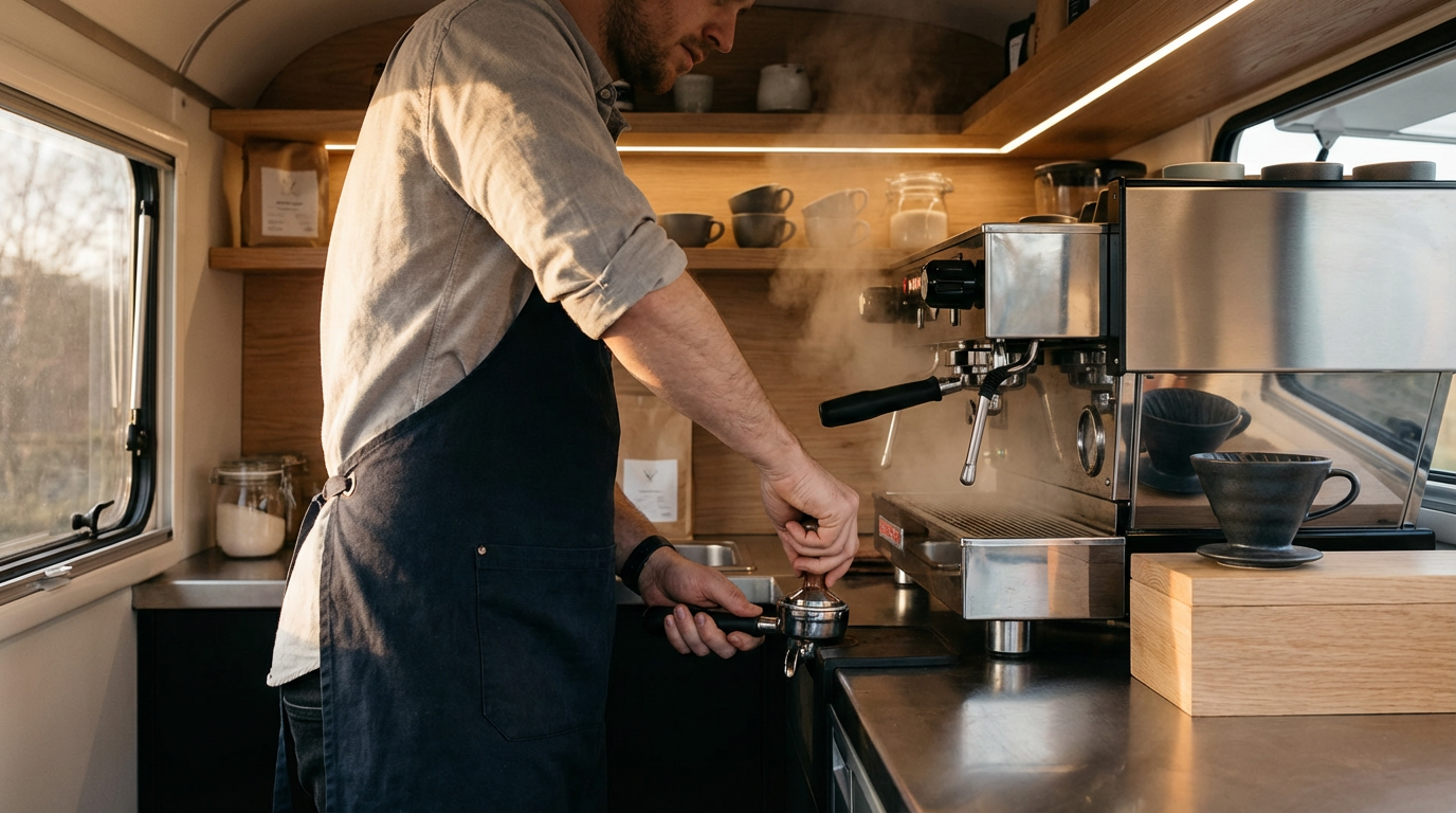 Un homme en train de préparer du café dans une petite cuisine, avec une machine à expresso en métal et des tasses noires.