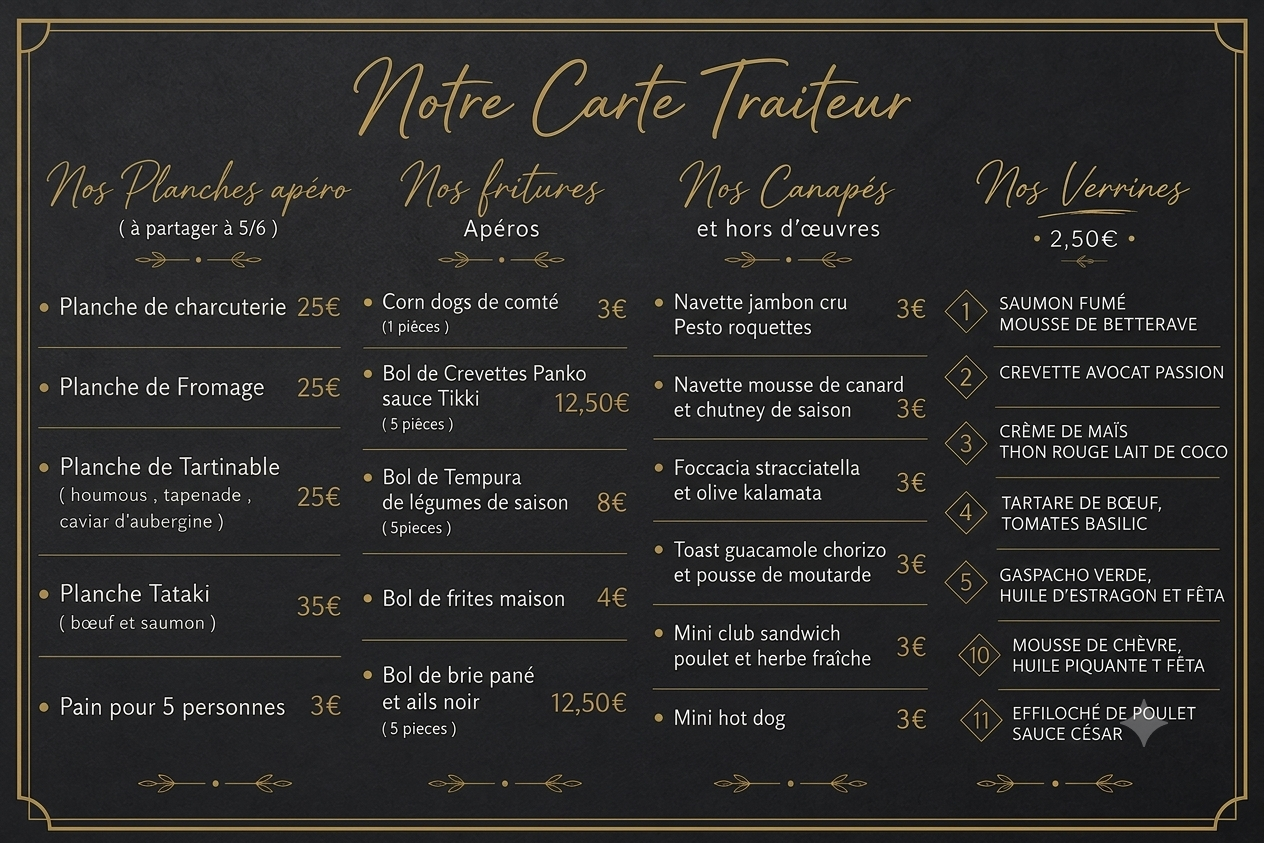 Carte de menu avec options pour apéritifs, frites, canapés, verrines, et prix.