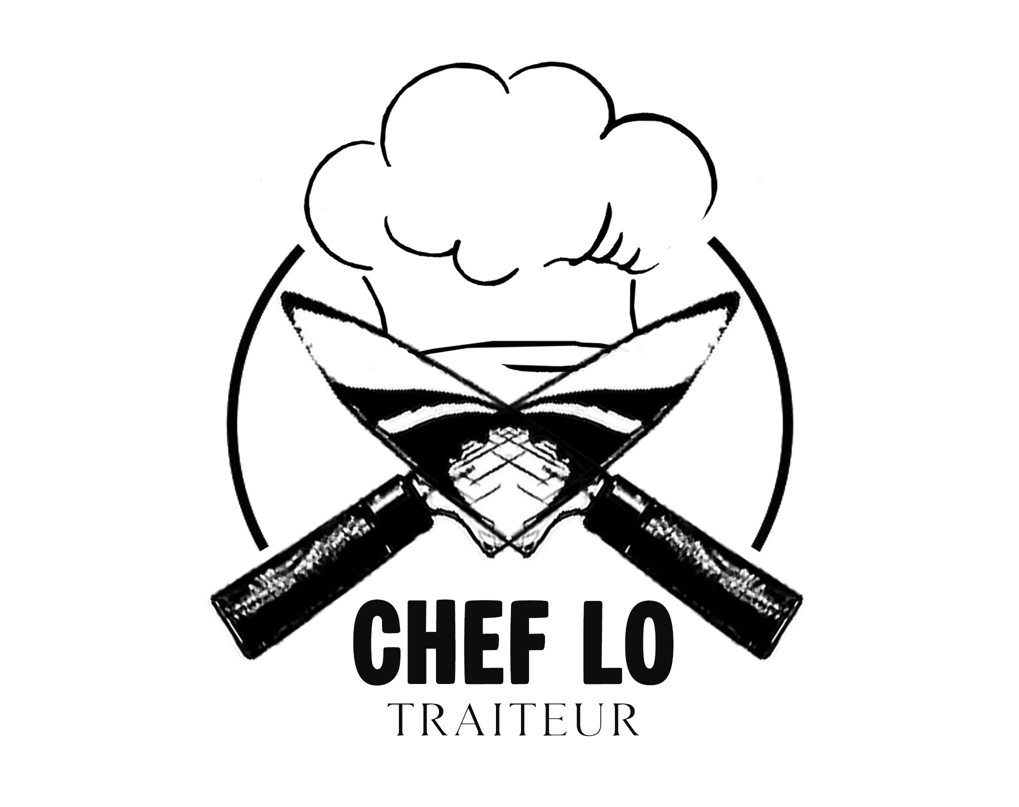 Logo de chef avec deux couteaux croisés, texte 'Chef Lo Traiteur'