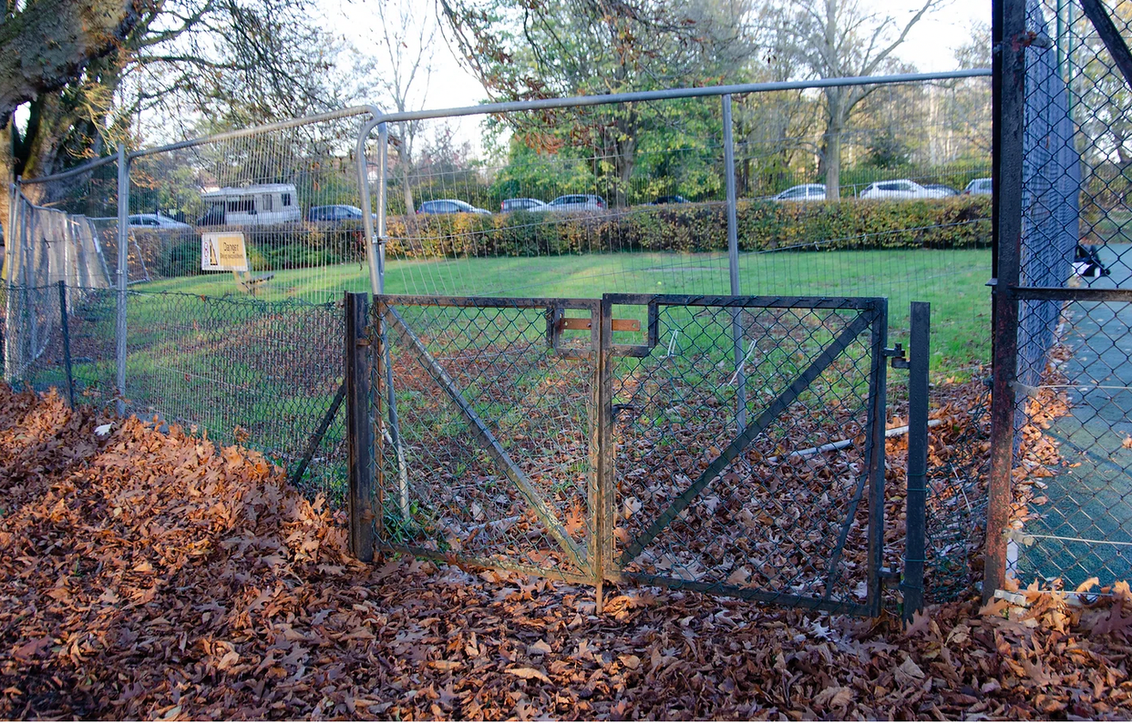A fenced-off area with a small gate surrounded by fallen leaves and a grassy field in the background, with cars parked beyond and trees with no leaves.